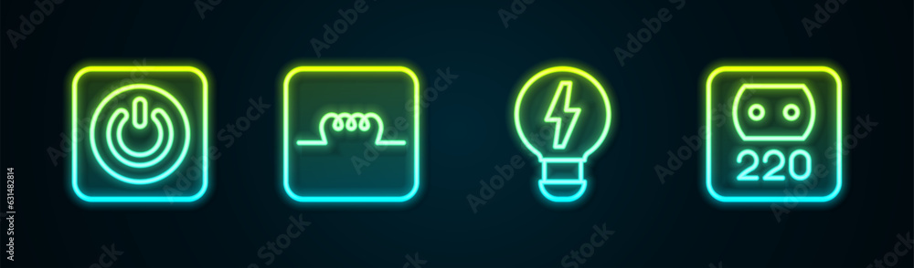 Set line Power button, Inductor in electronic circuit, Creative lamp light idea and Electrical outlet. Glowing neon icon. Vector Set line Power button, Inductor in electronic circuit, Creative lamp light idea and Electrical outlet. Glowing neon icon. Vector