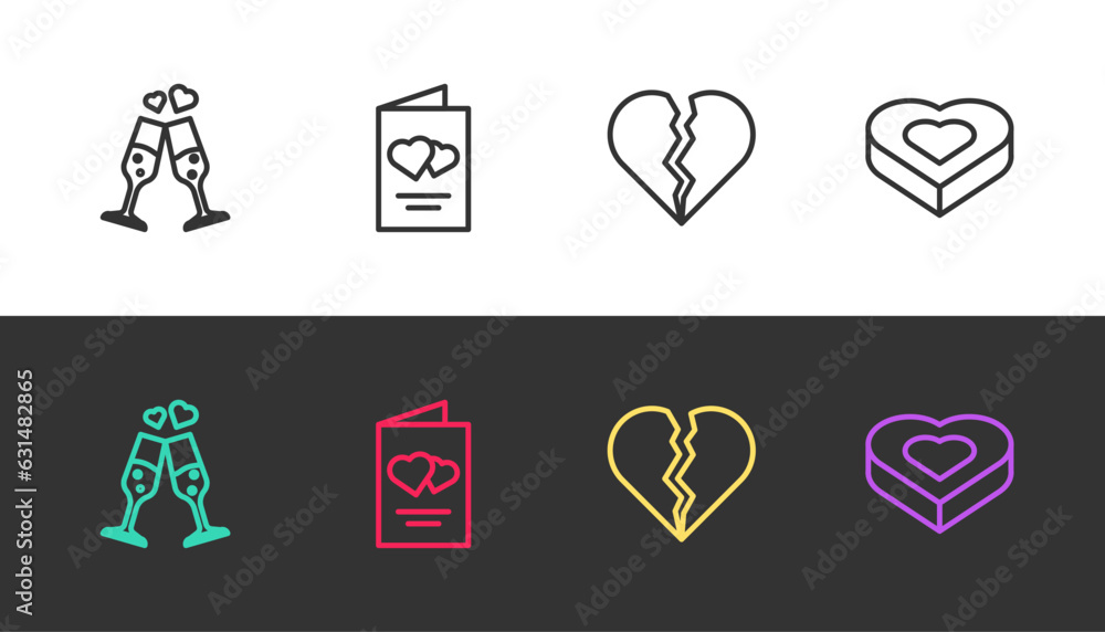 Set line Glass of champagne, Valentines day flyer, Broken heart or divorce and Candy shaped box on black and white. Vector