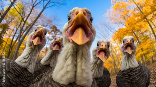Fototapeta Naklejka Na Ścianę i Meble -  a group of curious domestic turkeys birds taking a selfie photo on a wide angle in the rural setting in the woods, sunny daylight. Generative AI technology