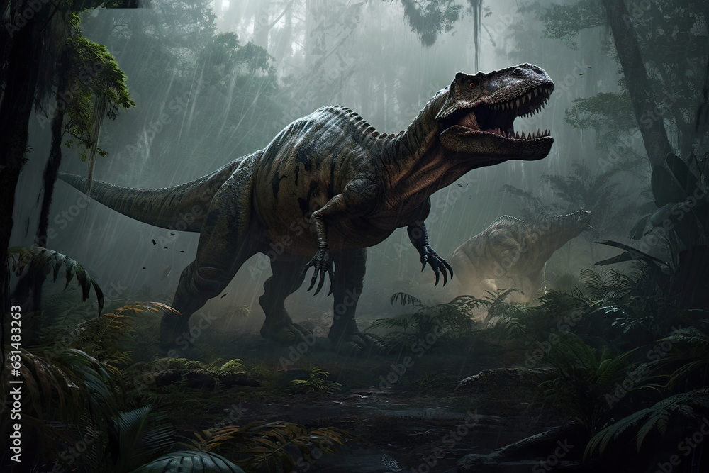Naklejka premium A T rex dinosaur rips through a prehistoric forest