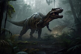 A T rex dinosaur rips through a prehistoric forest