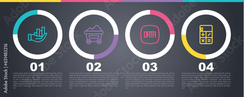 Set line Pie chart infographic, Coal mine trolley, Data analysis and Calculator. Business infographic template. Vector