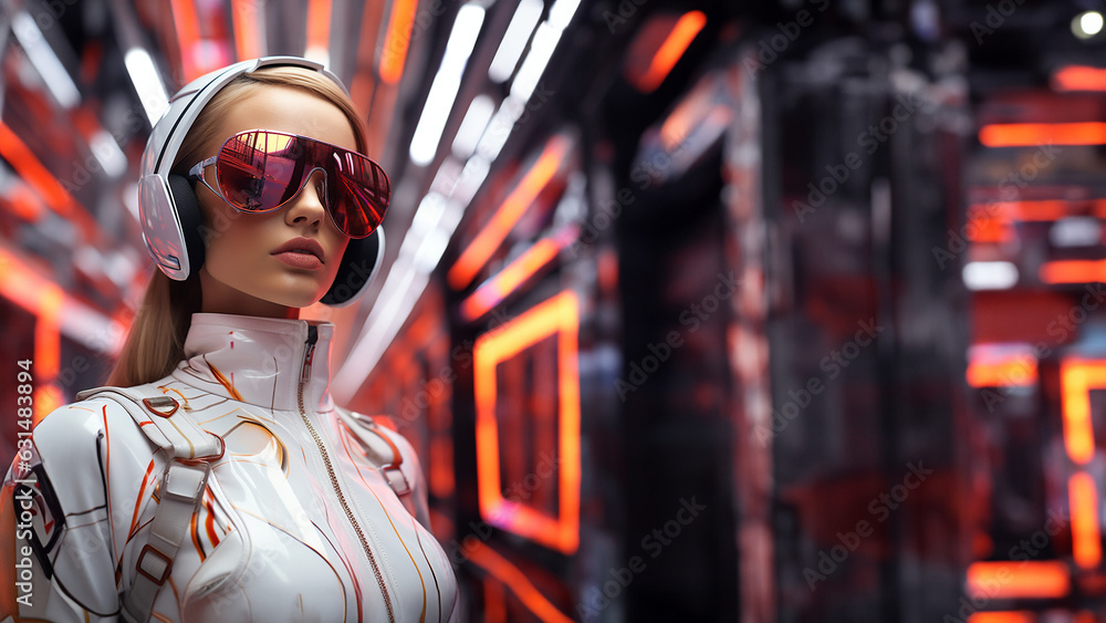Frau Gesicht mit modischer futuristischer Cyberspace Brille und abstrakten Hintergrund Nahaufnahme, ai generativ
