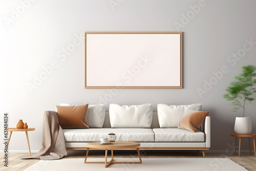Minimal Interior Design. empty poster frame on wall with furniture in living room interior at house background. picture frame, architecture, interior design, home decoration concept, Generative AI.