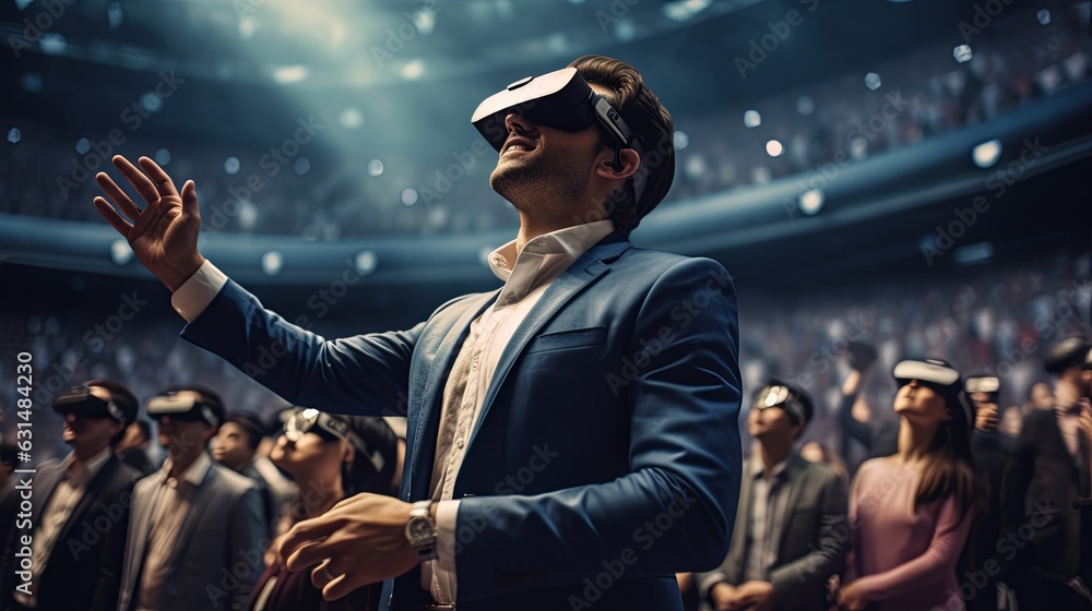 Vr experience senior business manager man attend meeting wearing vr virtual goggle glasses standing in autitorium convention hall with crowd of business people background,ai generate Vr experience senior business manager man attend meeting wearing vr virtual goggle glasses standing in autitorium convention hall with crowd of business people background,ai generate