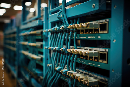 A close-up shot of network switches and Ethernet cables in a data center, emphasizing the intricate network architecture and connectivity that enables fast and reliable data communication | ACTORS: No