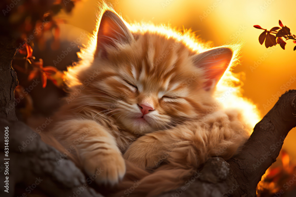 Obraz premium A close-up shot of a sleeping cat in a serene and peaceful environment, surrounded by soft ambient light, exuding a sense of tranquility and relaxation | ACTORS: Cat | LOCATION TYPE: Sunlit room | CAM
