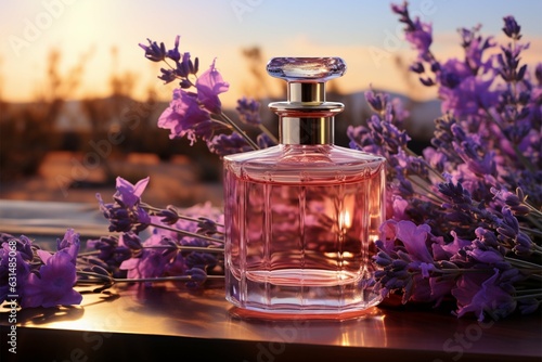 Alternate medicine and perfumery unite lavender panorama with essential oil flacons Generative AI photo