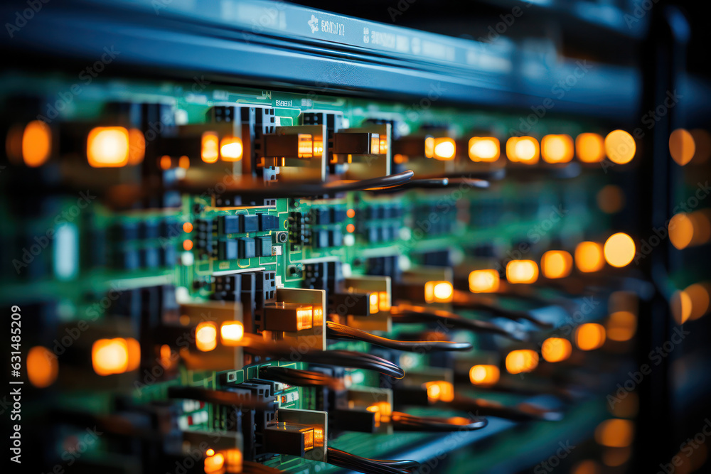 A close-up shot of powerful server blades with multiple processors, highlighting the computing power and speed of data processing in a server farm | ACTORS: None | LOCATION TYPE: Server room | CAMERA A close-up shot of powerful server blades with multiple processors, highlighting the computing power and speed of data processing in a server farm | ACTORS: None | LOCATION TYPE: Server room | CAMERA