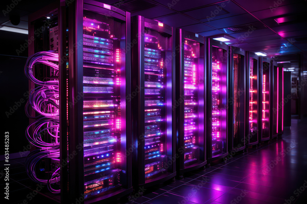 A wide shot of a server farm with rows of racks filled with servers and blinking lights
