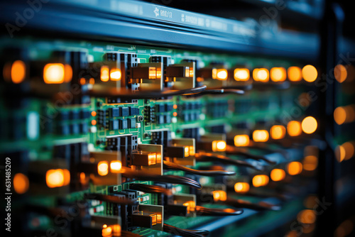 A close-up shot of powerful server blades with multiple processors, highlighting the computing power and speed of data processing in a server farm | ACTORS: None | LOCATION TYPE: Server room | CAMERA