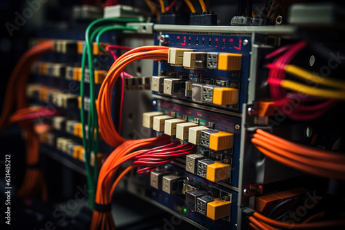 A shot of the network backbone in a server farm, with neatly organized cables and switches, illustrating the intricate connectivity that enables seamless data transfer | ACTORS: None | LOCATION TYPE: