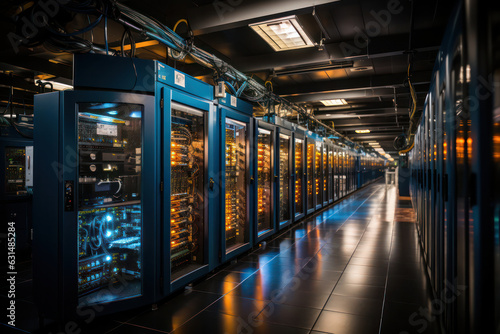 A shot of a server farm powering a cloud computing platform, with virtual machines and cloud infrastructure, demonstrating the scalability and flexibility of cloud services | ACTORS: None | LOCATION T