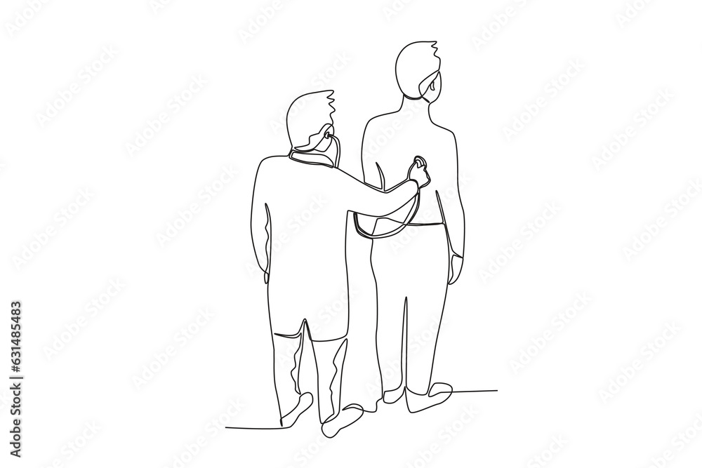 Continuous single line drawing of a male doctor examines a patient from the patient's back while standing up
