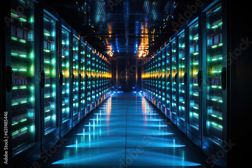 A shot of virtualization technology in a server farm, with virtual servers running on physical hardware, illustrating the consolidation and efficiency achieved through virtualization | ACTORS: None |