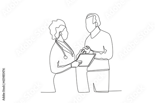 Continuous single line drawing of a female doctor having a discussion with a patient 