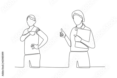 Continuous single line drawing of a doctor and patient gesture after vaccine administration
