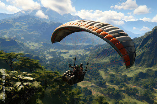 A person paragliding over a picturesque valley, with rolling hills, a meandering river, and a patchwork of vibrant green fields stretching as far as the eye can see | ACTORS: Person | LOCATION TYPE: V