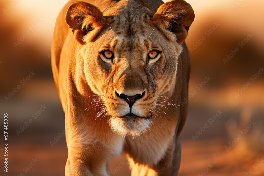 Obraz premium A wildlife photographer capturing a close-up shot of a majestic lioness in the African savannah, as she prowls through tall grass with focused determination | ACTORS: Wildlife photographer | LOCATION