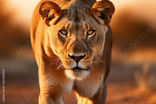 A wildlife photographer capturing a close-up shot of a majestic lioness in the African savannah, as she prowls through tall grass with focused determination | ACTORS: Wildlife photographer | LOCATION