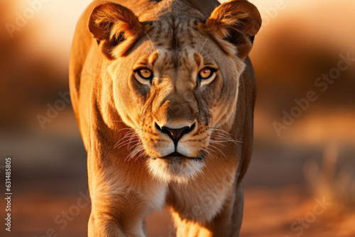 A wildlife photographer capturing a close-up shot of a majestic lioness in the African savannah  as she prowls through tall grass with focused determination   ACTORS  Wildlife photographer   LOCATION