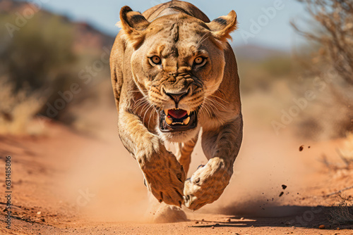 A wildlife photographer capturing a close-up shot of a majestic lioness in the African savannah, as she prowls through tall grass with focused determination   ACTORS: Wildlife photographer   LOCATION © Matthias