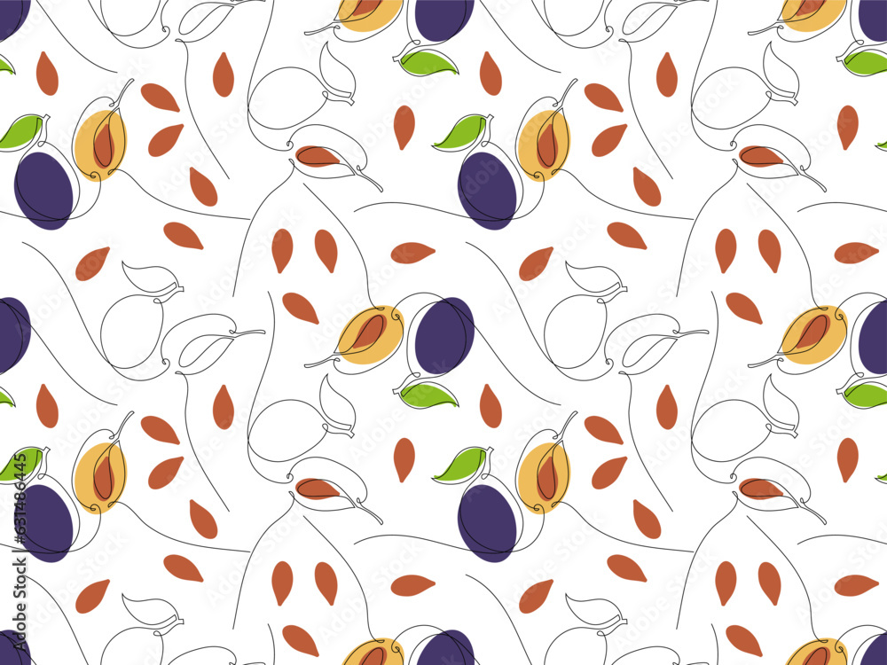 Seamless pattern with Continuous one line drawing plums. Plum with pits. Organic simple icon with purple, yellow and green colors. Repeated vector For wallpaper, wrapping paper, textile, scrapbooking