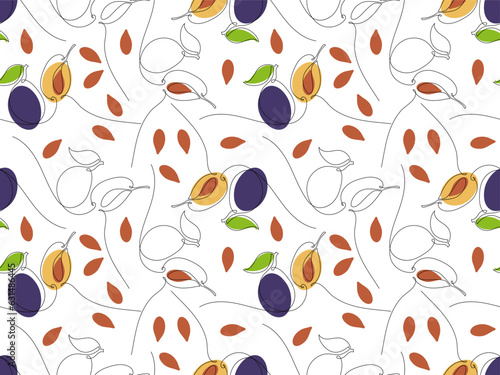 Seamless pattern with Continuous one line drawing plums. Plum with pits. Organic simple icon with purple, yellow and green colors. Repeated vector For wallpaper, wrapping paper, textile, scrapbooking