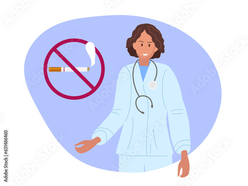 Doctor warns about dangers of smoking. Doctor wearing special blue medical clothes. No smoking sign. Vector illustration on white background. Woman doctor character. Warning information for patient