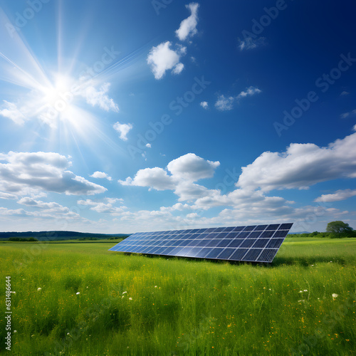 Solar panel on green summer meadow under clear blue sky in nature.