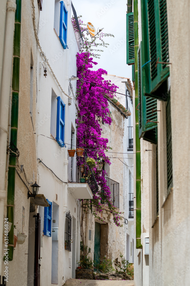 Narrow street of Cadaqués with traditional white houses - June 2018 - Costa Brava, Catalonia, Spain