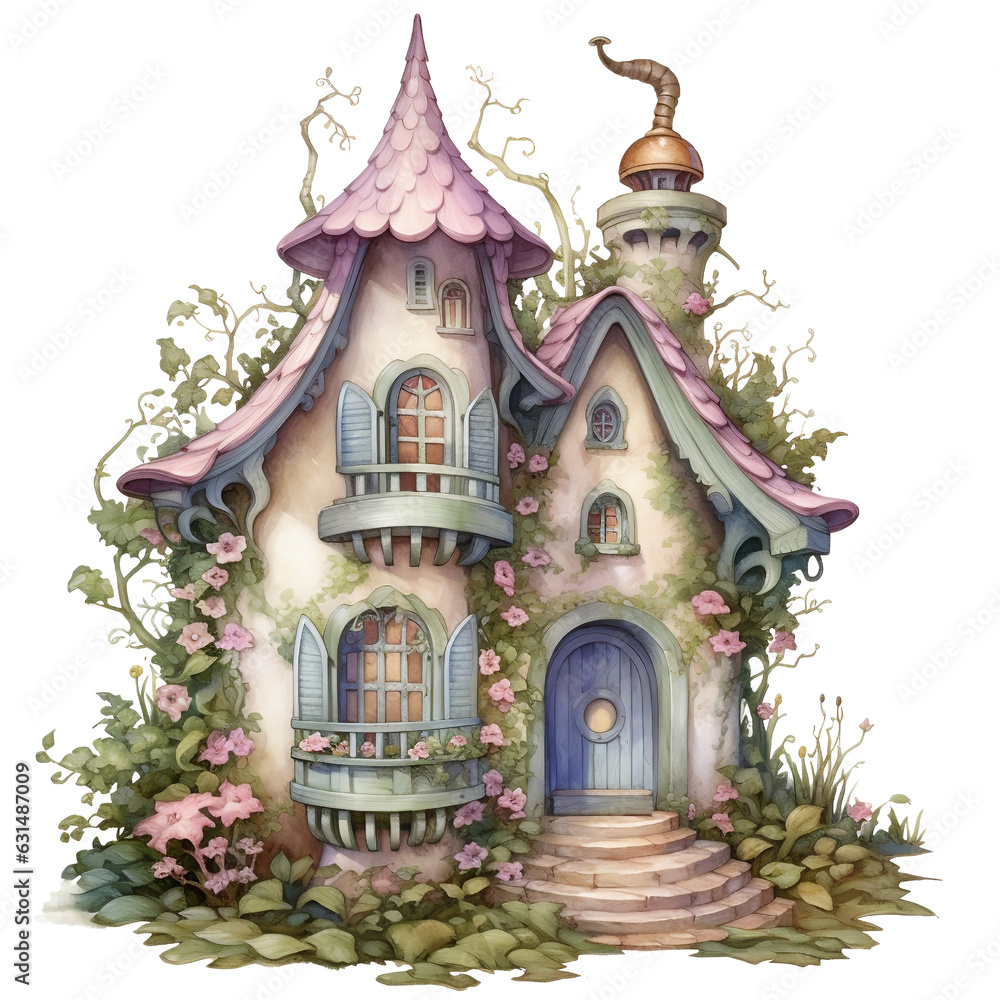 Vintage Fairy House Illustration, Fantasy House Clipart Watercolor, Pastel House Clipart, made with generative AI