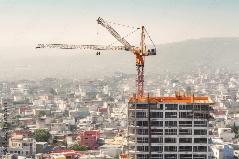 Construction site with cranes. Video. Construction workers are building. Aerial view