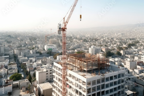 Construction site with cranes. Video. Construction workers are building. Aerial view