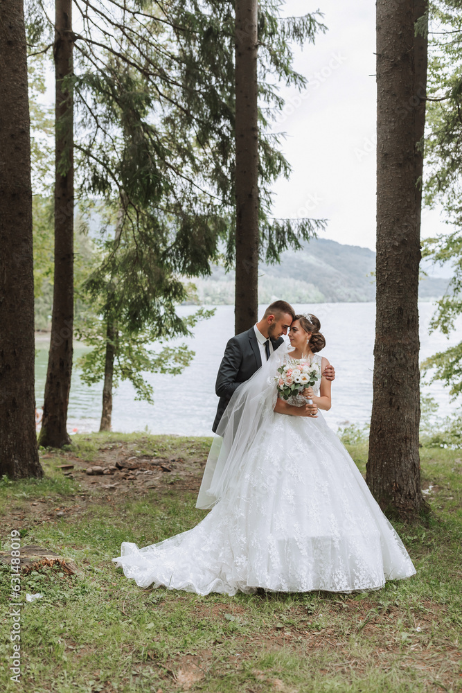 A wedding couple is enjoying the best day of their lives against the backdrop of a lake and tall trees. The groom hugs the bride. A wedding couple is enjoying the best day of their lives against the backdrop of a lake and tall trees. The groom hugs the bride.