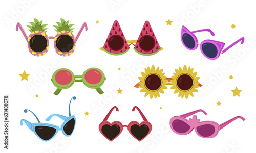 party sunglasses set. cartoon carnival decorative holiday masquerade sunglasses set of isolated objects. vector cartoon items.