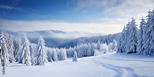 Pristine snowscape with pine trees and blue sky Beautiful winter landscape with snow-covered trees and blue sky