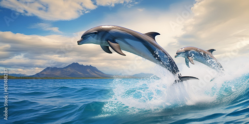 Dolphins jumping out of the water in front of a sunset Beautiful bottlenose dolphins leaping from the ocean on a bright day in the sea with pure blue water. Generative AI