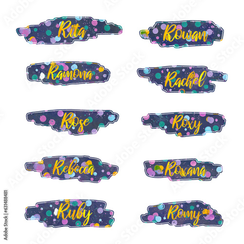 girl names that start with letter R, printable, labels, stickers with artsy background, isolated, extracted, png file photo