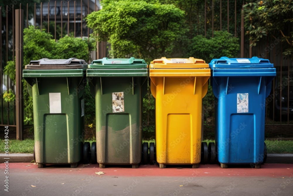 Recycling bins with different colours. Recycle and renewable energy concept Recycling bins with different colours. Recycle and renewable energy concept
