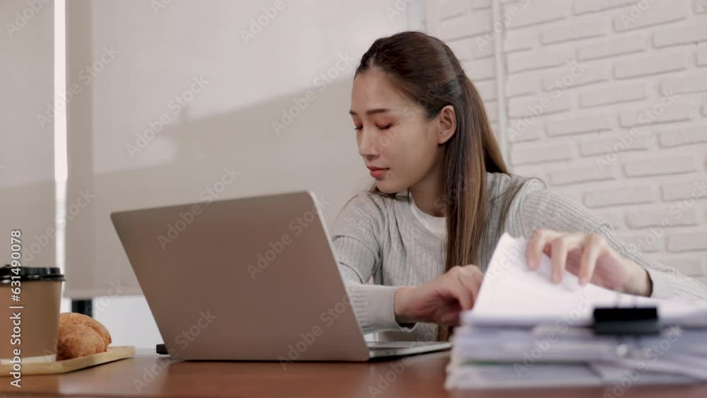 4k, Asian business owner female get headache and frustrated with stack of paperwork invoice to clarify tax declaration, businesswoman or freelancer everywhere working lifestyle concept work in cafe 4k, Asian business owner female get headache and frustrated with stack of paperwork invoice to clarify tax declaration, businesswoman or freelancer everywhere working lifestyle concept work in cafe