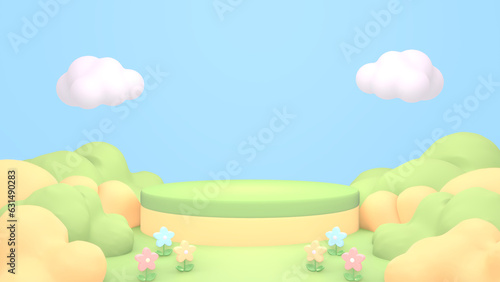 3d rendered cartoon podium with grass and flowers.