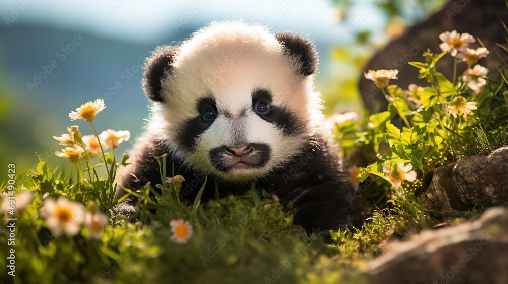 A Huge Panda seat on the Grass looking at the Camera. A Huge Panda seat on the Grass looking at the Camera.