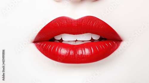 A Macro Shot of the Red Lips of a Beautiful White Girl on a White Background.