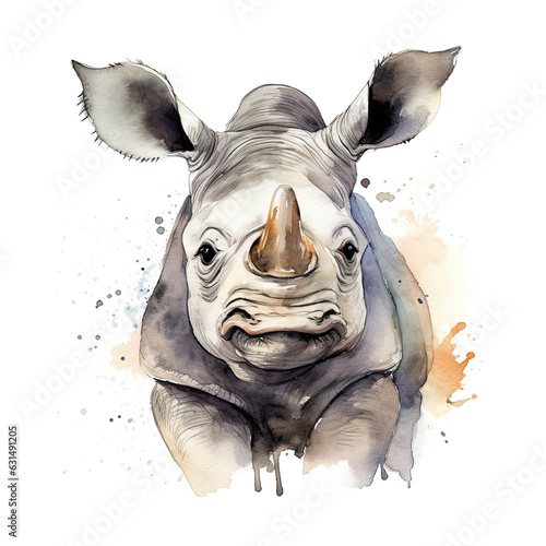 White rhinoceros watercolour, ceratotherium simum, otherwise known as a square-lipped rhinoceros. Endemic to Africa and endangered in the wild.