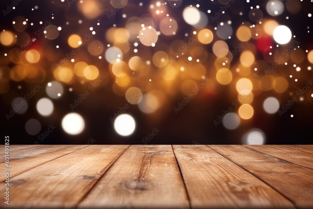 Wooden table top on blurred glittering background