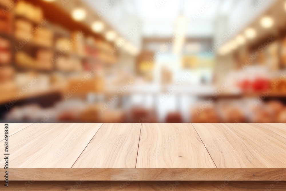 Wooden table top on blurred supermarket background