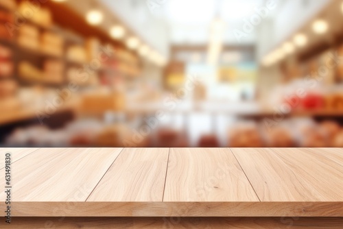Wooden table top on blurred supermarket background
