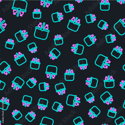 Line Cooler bag and water icon isolated seamless pattern on black background. Portable freezer bag. Handheld refrigerator. Vector Illustration