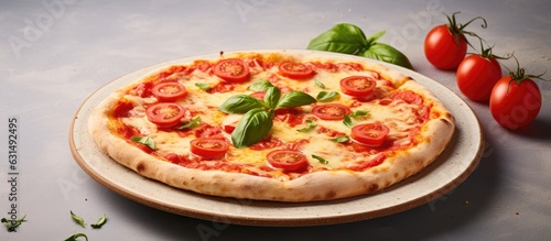 Plate with delicious Margherita pizza and tomato sauce on a light textured backdrop.